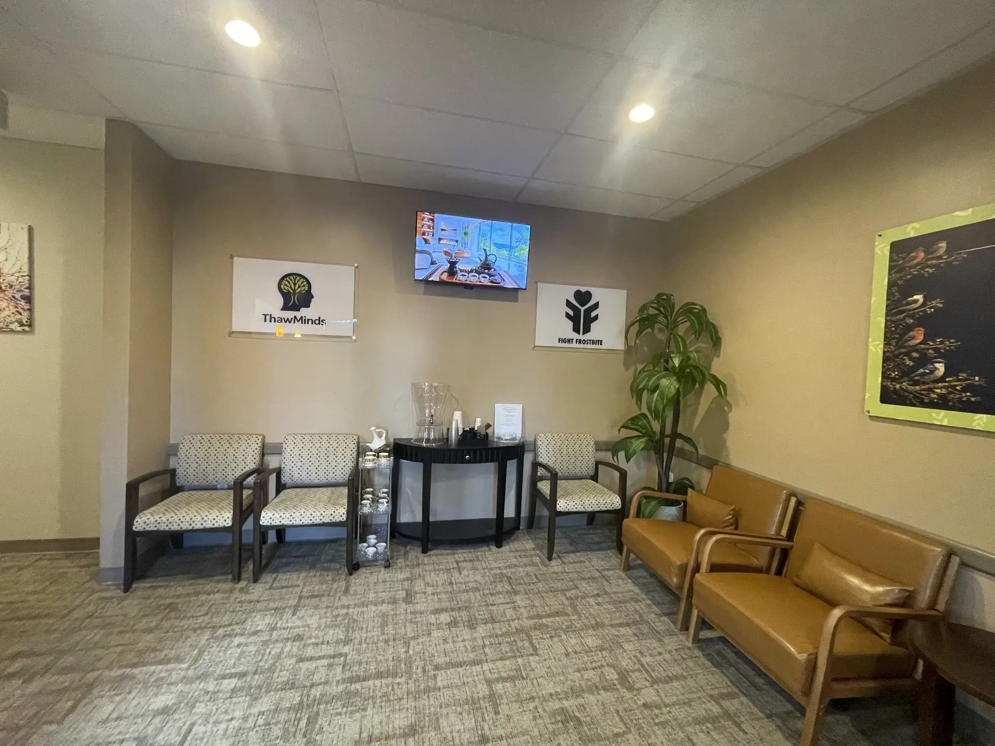 The ThawMinds waiting room with chairs and plants